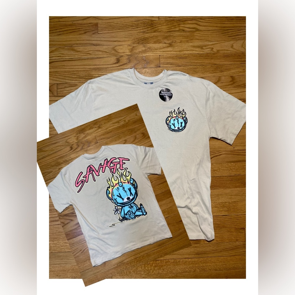 Savage OG oversized front and back Print T-Shirt Sz L Beige New!